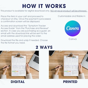 Puede incluir: Una gu&iacute;a de descarga digital que explica c&oacute;mo comprar y descargar un rastreador de s&iacute;ntomas. La gu&iacute;a detalla el proceso de pago de Etsy, el acceso a la descarga y la elecci&oacute;n de un formato de archivo. El producto es personalizable y rellenable en Canva.