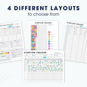 Puede incluir: Se muestran cuatro dise&ntilde;os diferentes de seguimiento de s&iacute;ntomas, cada uno con un dise&ntilde;o &uacute;nico. El texto "4 DIFFERENT LAYOUTS to choose from" est&aacute; en la parte superior. Los rastreadores incluyen formatos diarios, semanales y mensuales, con espacios para registrar s&iacute;ntomas.