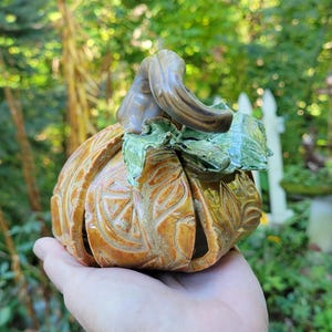 Peut inclure: Une citrouille en céramique avec des détails sculptés, une tige marron et des feuilles vertes. La citrouille est de couleur orange chaud et est conçue à des fins décoratives. L'arrière-plan est une scène extérieure floue.