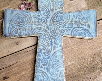 Hand-built Pottery Cross, Christmas Cross, Ceramic Easter Cross, Religious Wall Hanging, Ready to Ship