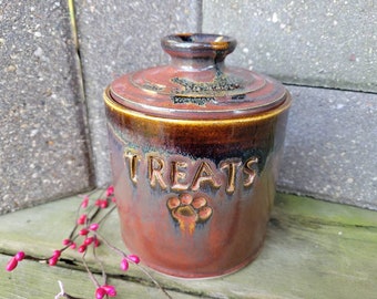 Handmade Pottery Treat Jar, Canister For Treats, Lidded Storage Jar With Paw Prints Ready to Ship