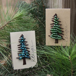 Beaded Evergreen or Blue Spruce Rusty Metal Pine Tree Pin Muslin Gift Bag