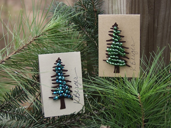 Beaded Evergreen or Blue Spruce Rusty Metal Pine Tree Pin Muslin Gift Bag