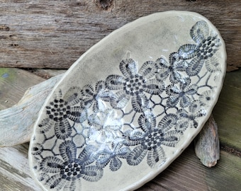 Pottery Oval Tray, Floral Lace Design Serving Plate, Jewelry Tray, Catch All Tray, Treat Plate, Ready to Ship