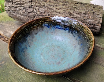 Farmhouse Pottery Serving Bowl: Rustic Blue Glaze, Chef Gift