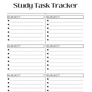 May include: A black and white printable study task tracker with the text "Editable Template" and "Study Task Tracker". The tracker is divided into five sections, each with the heading "SUBJECT:" and space for writing a subject name. Each section has eight bullet points for listing tasks.