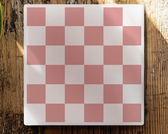 Keramische onderzetter jaren 90 sfeer retro roze geruite boerderij keuken decor voor haar schattig skater meisje esthetische cadeau-ideeën voor haar verjaardag