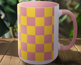 Checkered Mug Pink And Yellow Checker Design Cottagecore Girl Gift For Housewarming Pink And Yellow Mug Gift Idea For Wifes Birthday