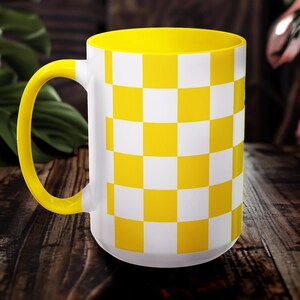 Retro Gingham Cup Coffee Mug Farmhouse Style Vintage Black Checkered Pattern Pink Yellow Kitchen Gift for Women Coffee Lover Retro Cup Home