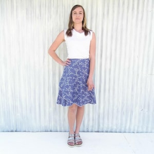 Organic Cotton Bird Wrap Skirt // Midnight Blue Midi Wrap Skirt with Bird Print // Handmade in Michigan by Yana Dee Ethical Apparel Blue Bunting