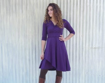 Vestido cruzado de mezcla de cáñamo, mangas 3/4, ropa ética