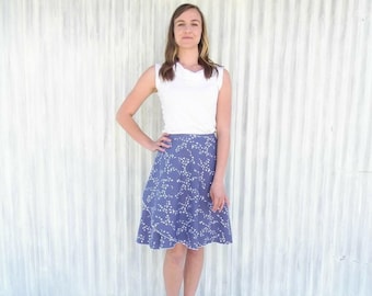 Organic Cotton Bird Wrap Skirt // Midnight Blue Midi Wrap Skirt with Bird Print // Handmade in Michigan by Yana Dee Ethical Apparel