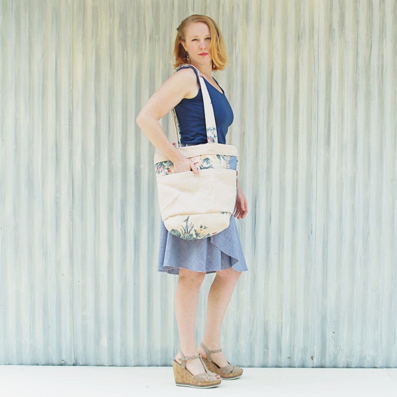 Beach Travel Bag Handmade in Michigan by Yana Dee Salvaged Market Bag With Wide Straps /& Pockets Sturdy Grocery Shopping