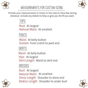 Puede incluir: Un fondo blanco con texto negro que describe las medidas necesarias para el tama&ntilde;o personalizado de blusas, pantalones, faldas y vestidos. Las medidas se indican en pulgadas.