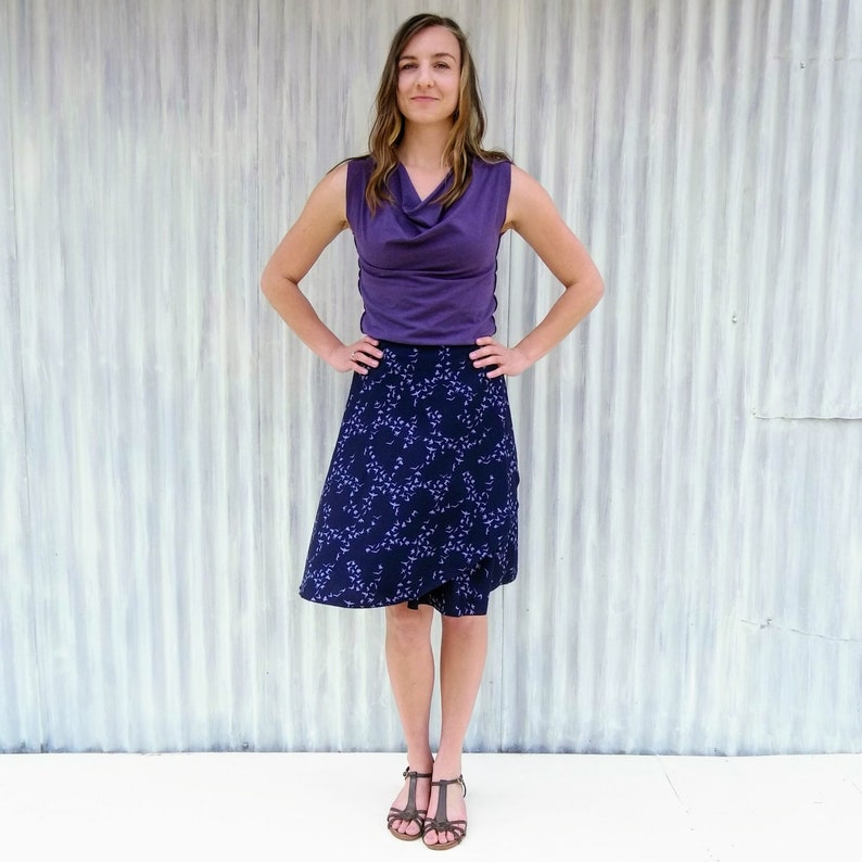 Organic Cotton Bird Wrap Skirt // Midnight Blue Midi Wrap Skirt with Bird Print // Handmade in Michigan by Yana Dee Ethical Apparel Midnight Migration