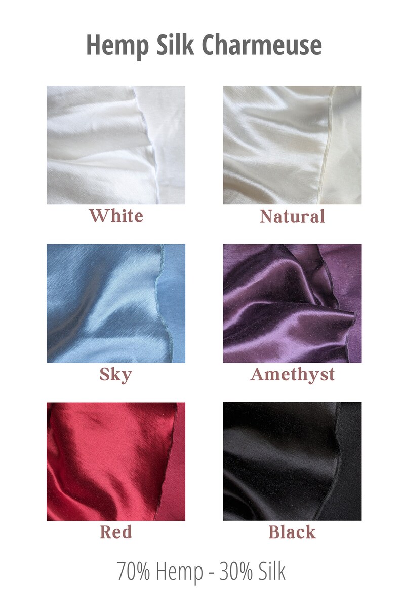 Puede incluir: Una carta de muestra que muestra diferentes colores de tejido de charmeuse de seda y c&aacute;&ntilde;amo. Los colores son blanco, natural, azul cielo, amatista, rojo y negro. El tejido es 70% c&aacute;&ntilde;amo y 30% seda.