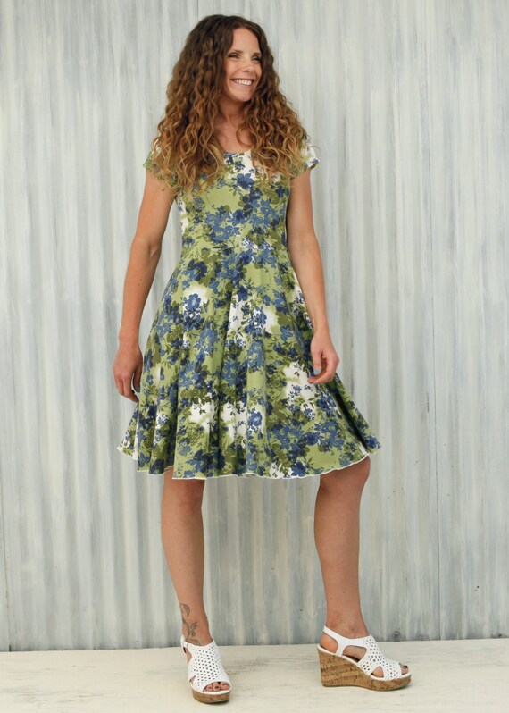 Green Floral Skater Dress, Organic Cotton Cap Sleeve