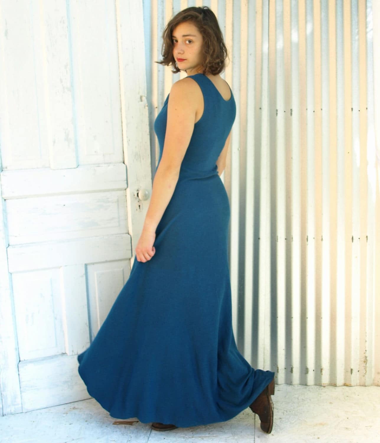 Hemp Maxi Dress: Sleeveless Drape Neck, Handmade Ethical Apparel