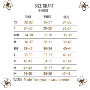 Puede incluir: Tabla de tallas para ropa en pulgadas. La tabla enumera las tallas de XS a 3X, con las medidas de busto, cintura y cadera correspondientes.