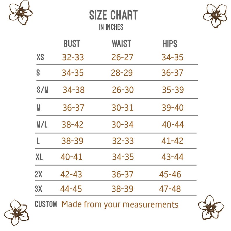 Puede incluir: Tabla de tallas para ropa en pulgadas. La tabla enumera las tallas de XS a 3X, con las medidas de busto, cintura y cadera correspondientes.