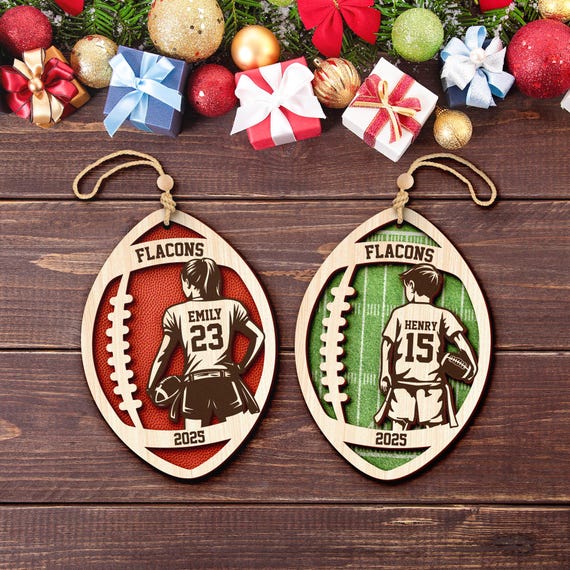 Personalized 3D Football Ornament, Custom Name & Number Christmas Gift, Wooden Sports Decoration, Christmas Gift, Boy or Girl Xmas Decor