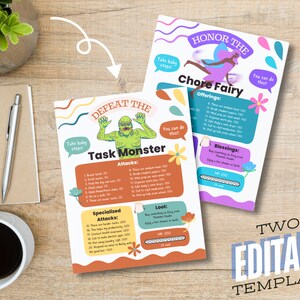 Könnte beinhalten: Zwei farbenfrohe, editierbare Vorlagen auf einem Holztisch. Eine Vorlage trägt den Titel "Defeat the Task Monster" mit einer grünen Monstergrafik. Die andere ist "Honor the Chore Fairy" mit einer Feengrafik. Beide haben Text und Grafiken.