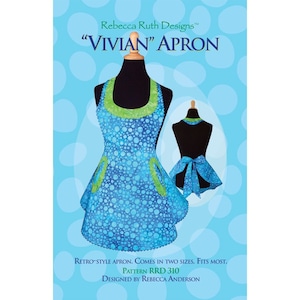 May include: A blue and green retro-style apron with a circle pattern. The apron has a tie at the back and two pockets on the front. The apron is called "Vivian" and is designed by Rebecca Anderson. The pattern number is RRD 310.