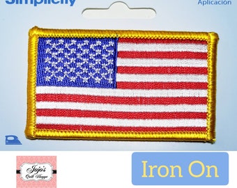 USA FLAG Iron On Patch, American Flag, Gold Trim, Red, White, Blue with Stars, Iron On, Embroidered Threads Fabric Patch by Simplicity.