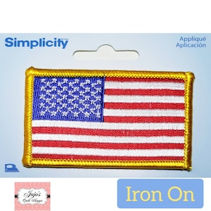 USA FLAG Iron On Patch, American Flag, Gold Trim, Red, White, Blue with Stars, Iron On, Embroidered Threads Fabric Patch by Simplicity.