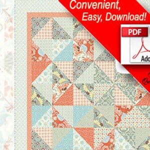May include: A quilt pattern called "Fandango" by Kate Spain. The pattern features a quilt design with a mix of peach, blue, and grey fabric squares and triangles. The pattern is available as a PDF download. The quilt measures 68 inches by 86 inches.