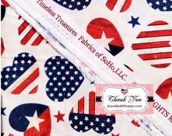 Hearts, Stars, Stripes, USA Patriot, Valentine Fabric from Timeless Treasures, Red, White, Blue, 100% Cotton Fabric Sew, Mask Cream C-7046-C