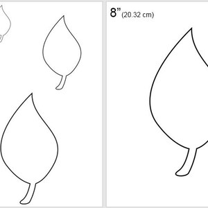 May include: A printable template for cutting out leaf shapes in four different sizes: 2 inches, 4 inches, 6 inches, and 8 inches. The template is black and white and shows the outline of a leaf.