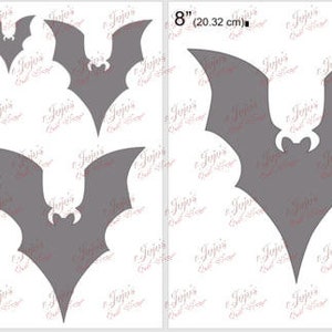 May include: Four different sizes of bat stencils, 2 inches, 4 inches, 6 inches, and 8 inches. The stencils are gray and are on a white background.