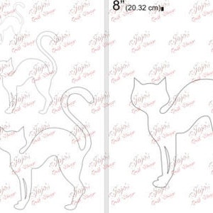 Peut inclure: Trois silhouettes de chats noirs en différentes tailles, 5 cm, 10 cm et 15 cm, sur un fond blanc. Le plus grand chat mesure 20 cm.