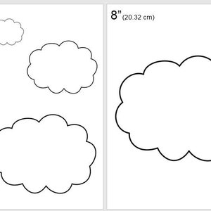 Puede incluir: Formas de nubes imprimibles en cuatro tamaños: 5 cm, 10 cm, 15 cm y 20 cm. Las formas están delineadas en negro y se pueden usar para manualidades, scrapbooking u otros proyectos.