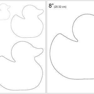 May include: Outlines of rubber duck shapes in various sizes: 2 inches (5.08 cm), 4 inches (10.16 cm), 6 inches (15.24 cm), and 8 inches (20.32 cm). The image includes the text "Jojo's Quilt Shoppe".