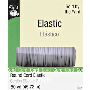 May include: White round elastic cord, 50 yards (45.72 meters), sold by the yard. Dritz brand.