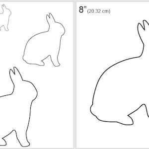 May include: Printable pattern for a rabbit silhouette in four sizes: 2 inches, 4 inches, 6 inches, and 8 inches. The pattern is black and white and can be used for crafts, decorations, or stencils.
