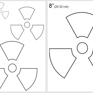 May include: A printable template for a radiation symbol in four sizes: 2 inches, 4 inches, 6 inches, and 8 inches. The template is black and white and can be used for crafts or educational purposes.