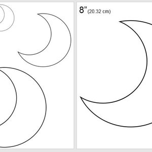 May include: A printable pattern for four crescent moon shapes in different sizes: 2 inches, 4 inches, 6 inches, and 8 inches. The pattern is printed on white paper with black lines.