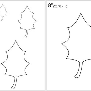 Può includere: Quattro modelli stampabili di foglie di agrifoglio in diverse dimensioni: 5 cm, 10 cm, 15 cm e 20 cm. Le foglie sono delineate in nero e sono pronte per essere ritagliate e utilizzate per l'artigianato.