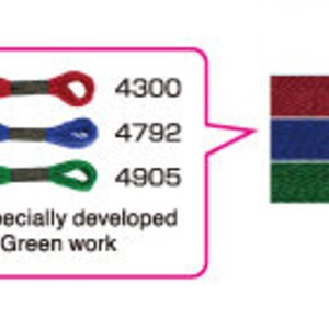 May include: Three skeins of embroidery floss in red, blue, and green. The floss is labeled with the DMC color numbers 4300, 4792, and 4905.  New colors especially developed for Red, Blue & Green work.