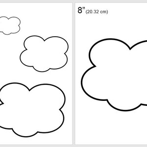 Puede incluir: Una plantilla imprimible para cortar formas de nubes en cuatro tamaños diferentes: 5,08 cm, 10,16 cm, 15,24 cm y 20,32 cm. La plantilla incluye medidas en pulgadas y centímetros.