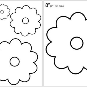 Puede incluir: Plantillas de flores imprimibles en blanco y negro en cuatro tamaños: 5 cm, 10 cm, 15 cm y 20 cm. Las plantillas están diseñadas para manualidades y proyectos de bricolaje.