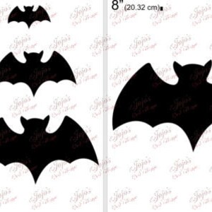 May include: Four black bat silhouettes in different sizes, 2 inches, 4 inches, 6 inches, and 8 inches.