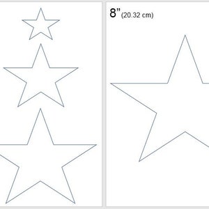 Puede incluir: Formas de estrellas delineadas en varios tamaños: 5.08 cm, 10.16 cm, 15.24 cm y 20.32 cm. La imagen muestra las formas de estrellas con medidas en pulgadas y centímetros. También incluye el texto "Jojo's Quilt Shoppe".