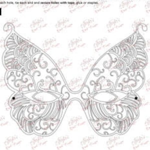 May include: A printable template for an 8 inch (20.32 cm) Instant-Mask. The mask is a detailed butterfly design with intricate cutouts. The template is for use with heavy paper or fabric.