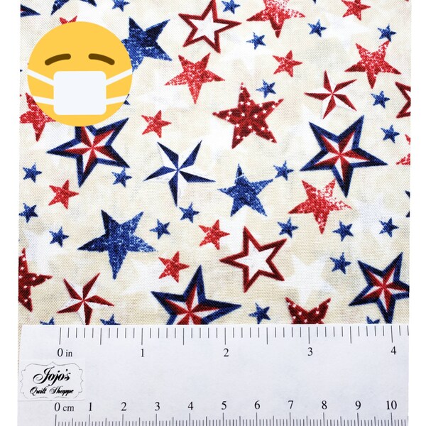 USA Stars on Cream Print by Timeless Treasures, 100% Tight Woven Cotton Fabric for Sewing Face Masks by Moda Fabric SKU C7999