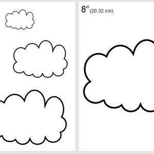 May include: A set of four cloud-shaped stencils in different sizes: 2 inches, 4 inches, 6 inches, and 8 inches. The stencils are made of white plastic and are perfect for crafting projects.
