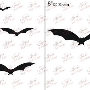 May include: Four black bat silhouettes in different sizes, 2 inches, 4 inches, 6 inches, and 8 inches. The bats are on a white background.